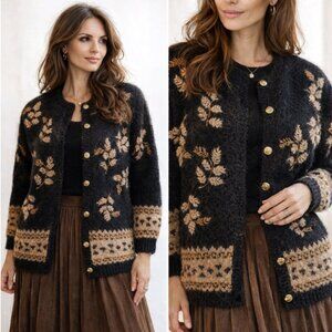 Susan Bristol Vintage Mohair Wool Cardigan Embroidered Black Gold Medium